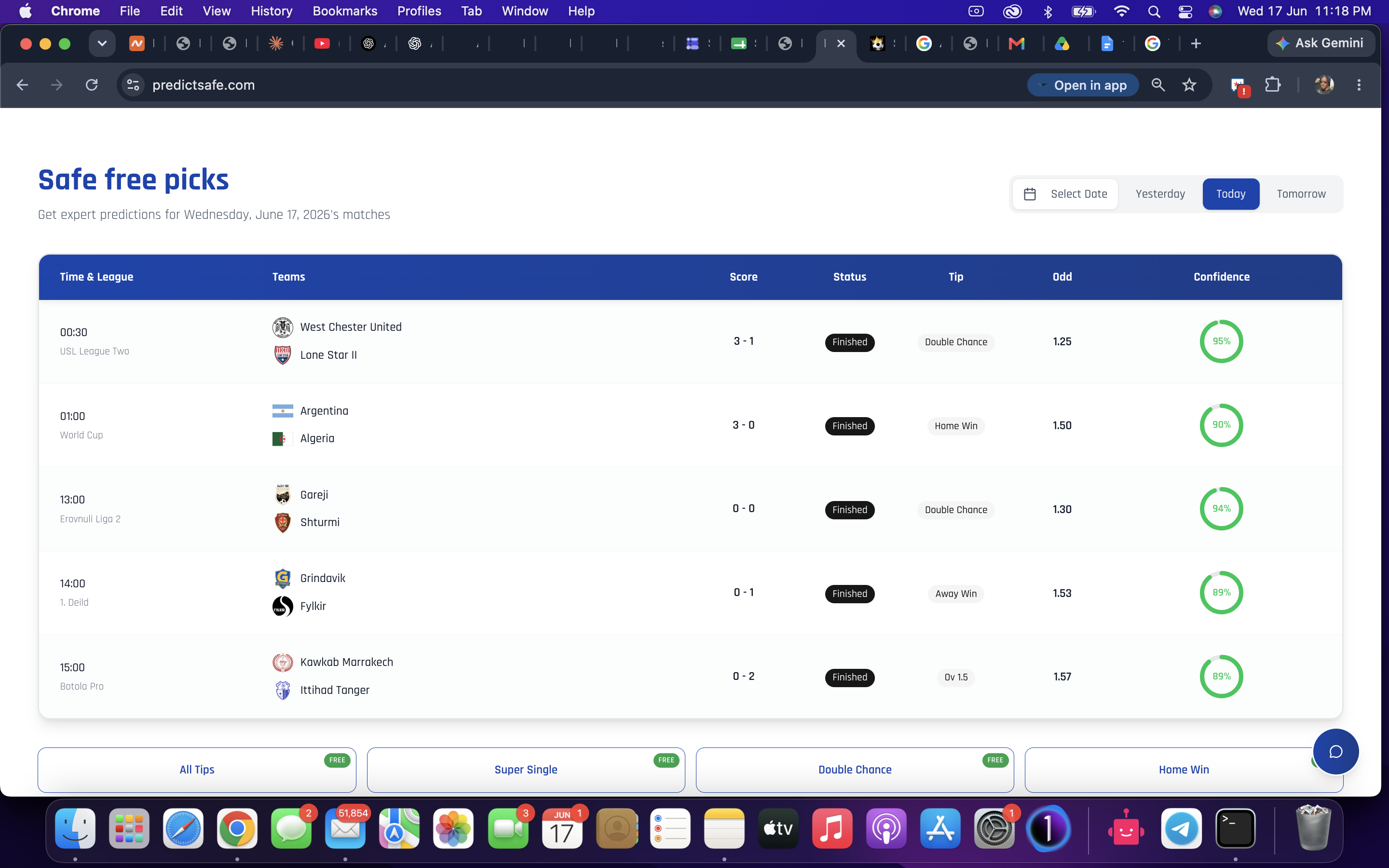 PredictSafe Safe Free Picks Results – June 17, 2026 (5/5 Winning Predictions)
